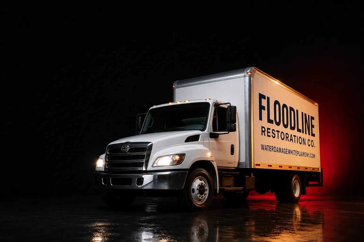 Floodline Restoration Co. damage restoration service vehicle and crew in White Plains, NY